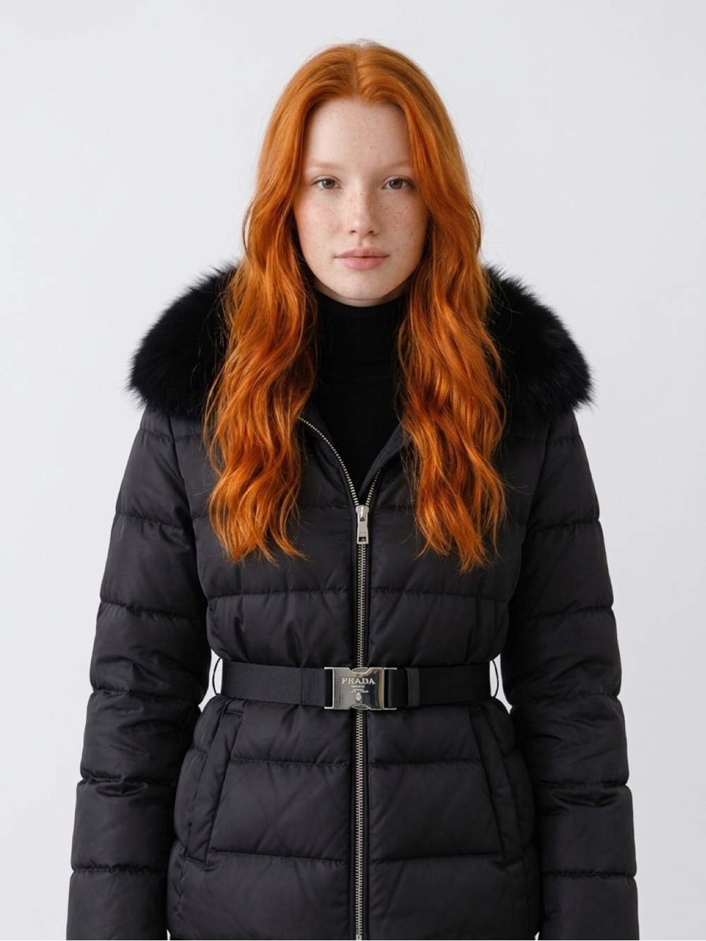 Prada Black Quilted Puffer Coat with Fur-Trim Hood